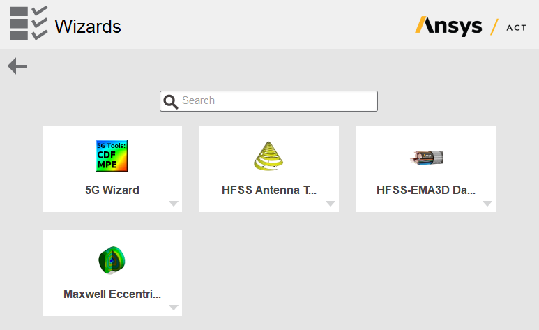 Wizards Window. Search query box in the center. Below, links to 5GWizards, HFSS Antenna T.., HFSS-EMA3D Da..., Maxwell Eccentri...