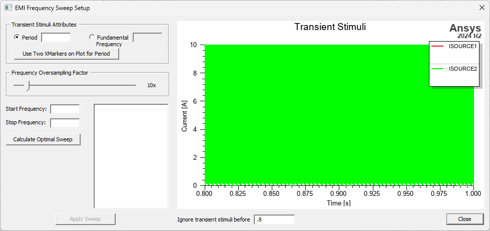 EMI Frequency Sweep Setup Window