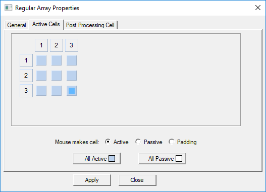 Regular Array Properties dialog. Active Cells tab, Mouse makes cell set to active. 
