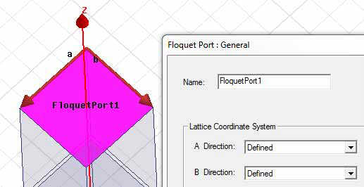 Model with FloquetPort1 overlay and vectors. Floquet Port: General dialog.