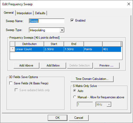 Edit Frequency Sweep dialog.