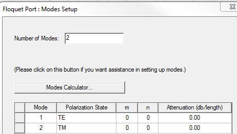 Floquet Port: Modes Setup dialog.