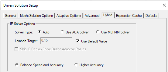 Driven Solution Setup dialog, Hybrid tab.