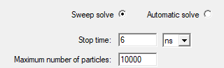 Sweep solve option enabled. Stop time and maximum number of particles defined.
