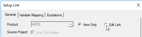 Setup Link dialog, General tab. Fields in read-only mode; Edit link option not enabled.