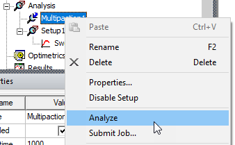 Multipaction shortcut menu, Analayze option highlighted.