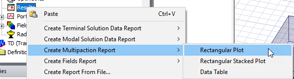 Results shortcut menu, Create Multipaction Report option expanded, Rectangular Plot option selected.