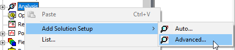 Analysis shortcut menu, Add Solution Setup option expanded, Advanced option selected.