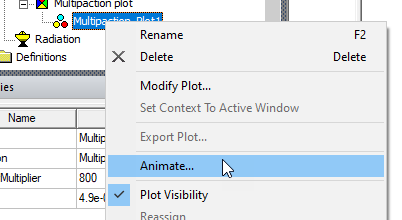 Multipaction Plot shortcut menu, Animate option highlighted.