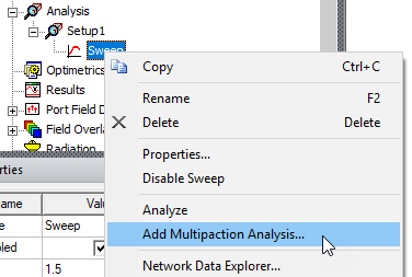 Sweep shortcut menu, Add Multipaction Analysis option highlighted.