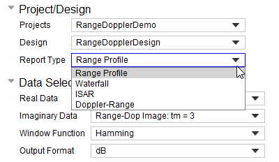 RADARpost Project and Design settings. Report Type drop-down menu expanded.