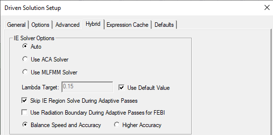 Driven Solution Setup dialog, Hybrid tab.