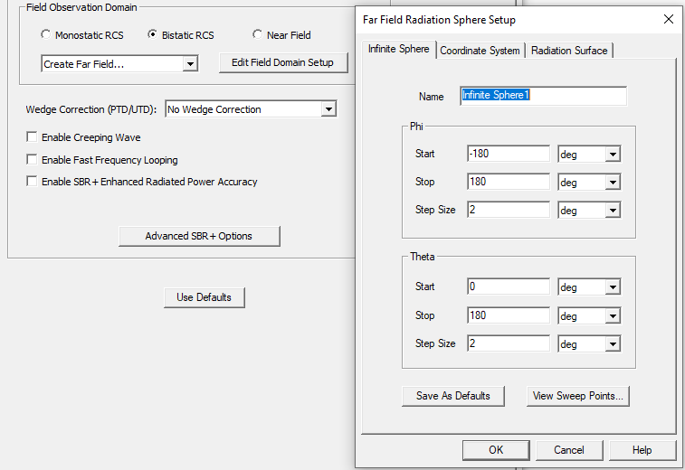 Far Field Radiation Sphere Setup dialog, Infinite Sphere tab.