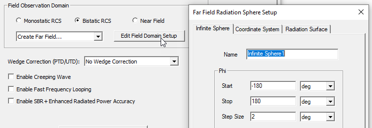 Far Field Radiation Sphere Setup dialog, Infinite Sphere tab.