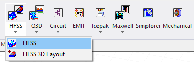 Main ribbon, HFSS icon right-click drop-down menu. HFSS highlighted.