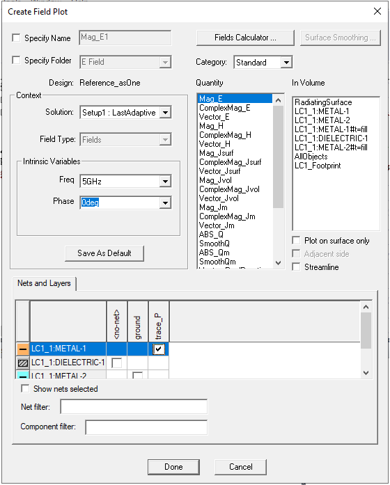 Create Field Plot dialog. LC1_1: Metal option selected from Nets and Layers groupbox.