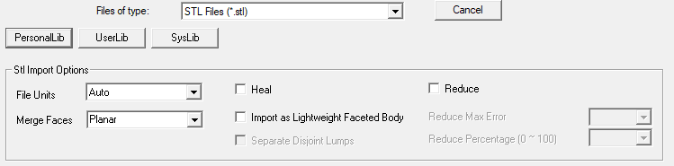 STL Import Options group box.