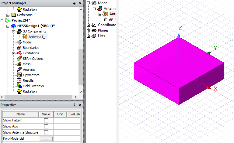 AEDT layout showing Project Manager, Properties Window set to Visualization, and modeler window.