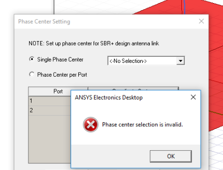 ANSYS Electronics Desktop Warnign Message stating: Phase Center Selection is invalid.