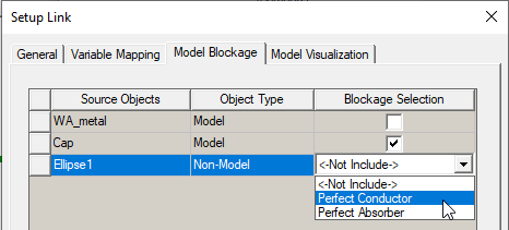 Setup Link dialog, Model blockage tab, Ellipse1 blockage selection set to perfect conductor.