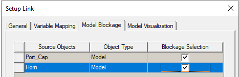 Setup Link dialog, Model Blockage tab.