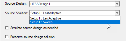 Source Solution drop down menu set to Setup1: Sweep.