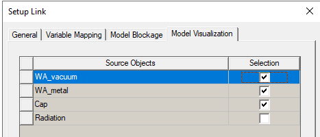 Setup Link dialog, Model Visualization tab.