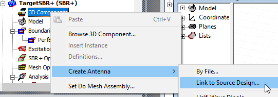 3D Component shortcut menu, Create Antenna selected, Link to Source Design selected.