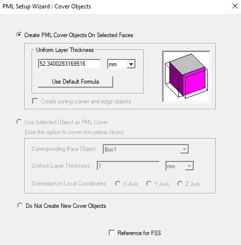 PML Setup Wizard: COver Objects dialog, Create PML Cover Objects on Selected Faces enabled.