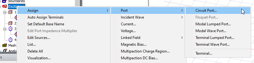 Excitations right-click menu. Assign, Port, Circuit port options highlighted.