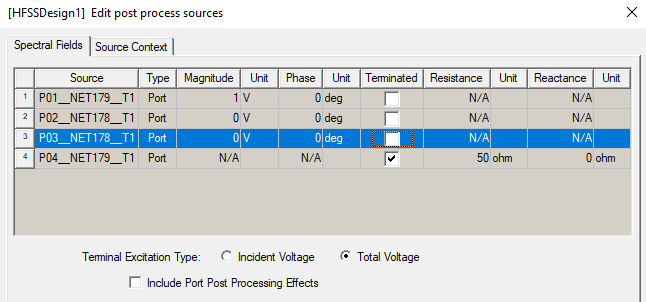 Edit post process sources dialog, Spectra Fields tab