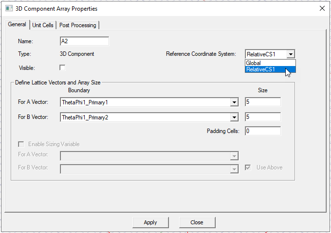 3D Component Array Properties dialog, General tab. Reference coordinate system drop-down menu expanded.