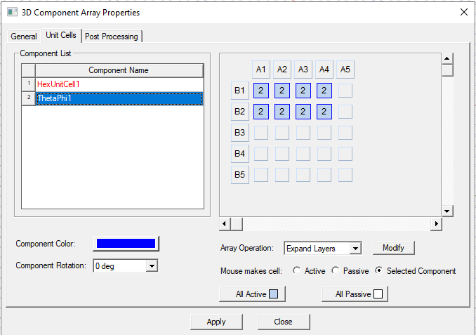 3D Component Array Properties dialog. Unit Cells tab.