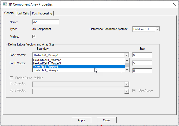 3D Component Arraay Properties dialog. General tab. Define Lattice Vectors and Array size groupbox.