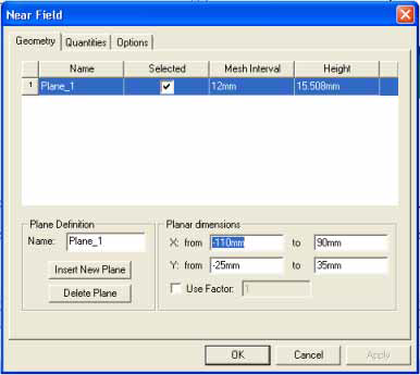 Near Field dialog, Geometry tab. Near Field dialog, Geometry tab.