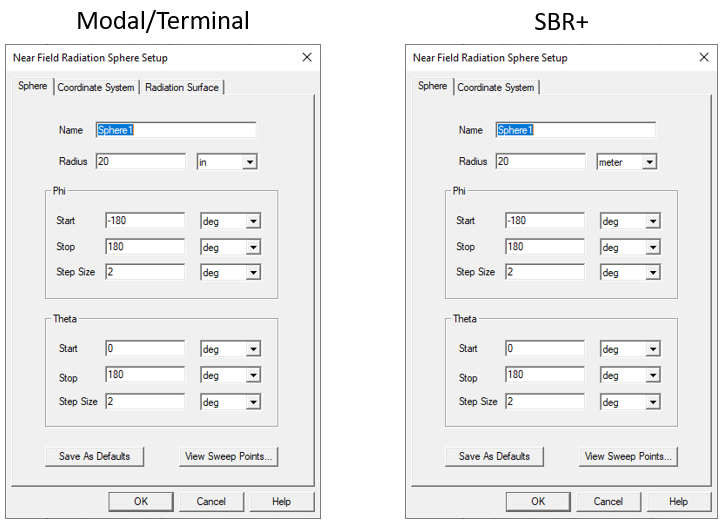 Near Field Radiation Sphere Setup dialog, Sphere tab.