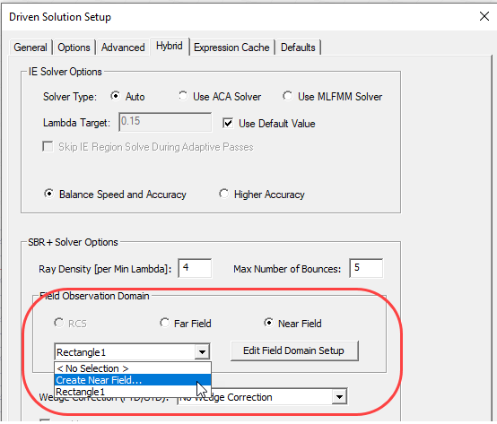Driven Solution Setup dialog, Hybrid tab. Field Observation Domain groupbox highlighted.