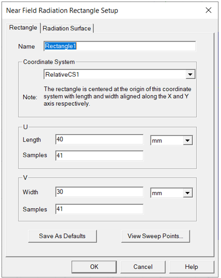 Near Field Radiation Rectangle set up. Rectangle tab.