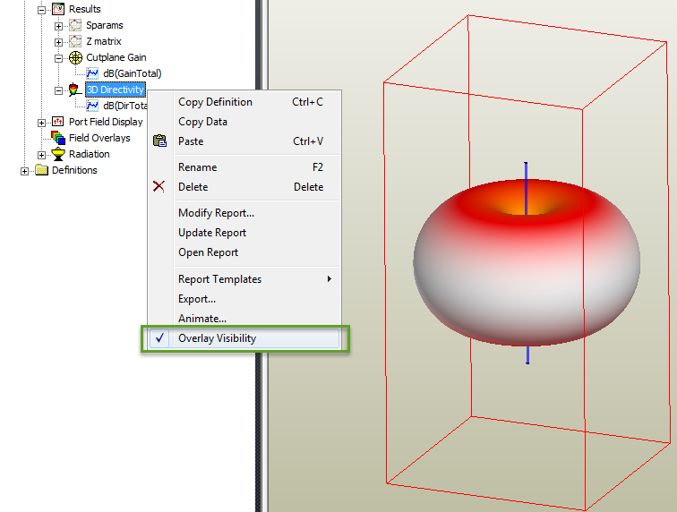 3D Directivity shortcut menu, Overlay Visibilty option enabled.