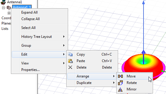 Antenna right-click menu. Edit option expanded. Arrange option expanded. Move option highlighted.