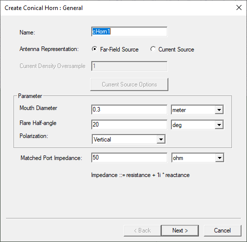 Create Conical Horn: General dialog.