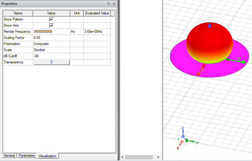 Properties dialog, Show Pattern enabled. Far field antenna representation.