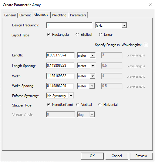 Create Parametric Array dialog. Geometry tab.