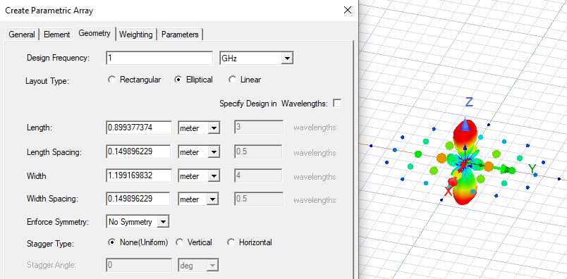 Create Parametric Array dialog. Element tab, layout set to elliptical