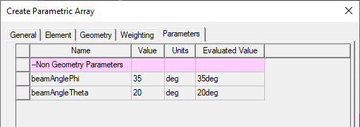 Create Parametric Array dialog. Parameters tab.