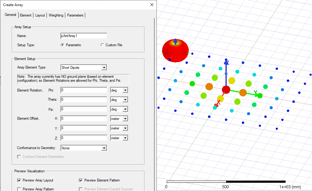 Create Array dialog, Preview Array layout and Preview Element Pattern enabled.