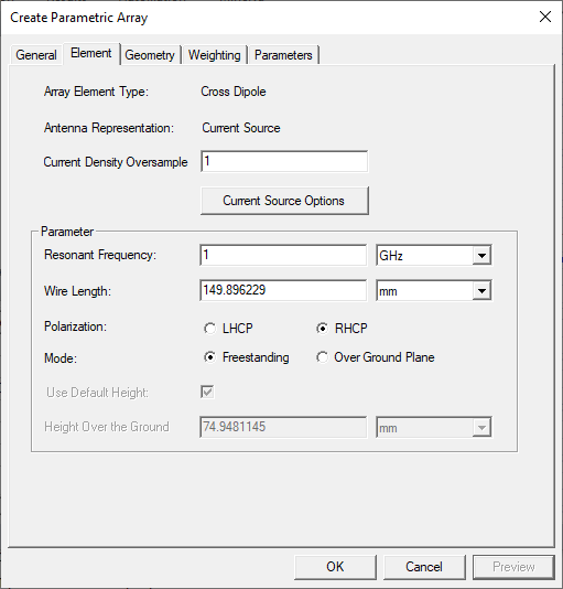 Create Parametric Array dialog. Element tab.