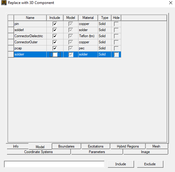 Replace with 3D Component dialog. Model tab. Include column selected for various components.