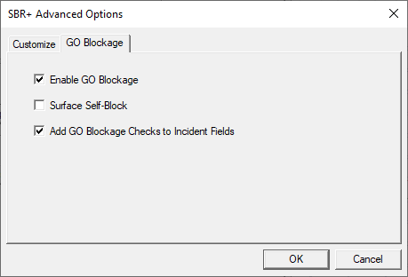 SBR+ Advanced Options window. GO Blockage tab. GO Blockage Options