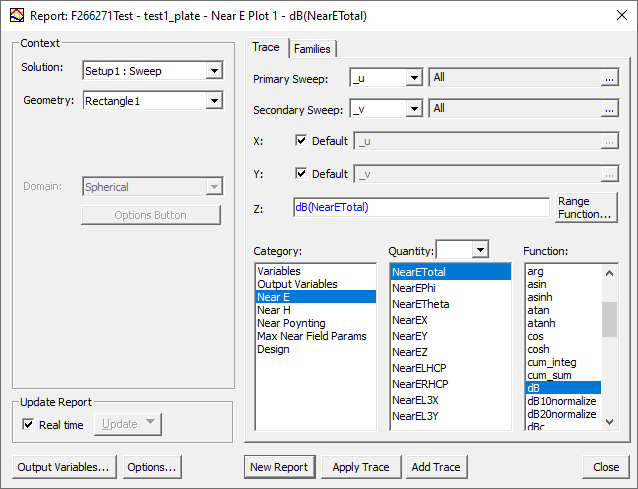 Report setup dialog.